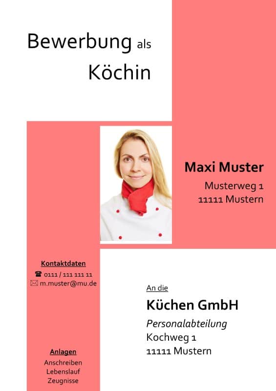 Deckblatt Bewerbung Muster / Vorlage kostenlos für Berufe wie Koch / Köchin / Systemgastronomie